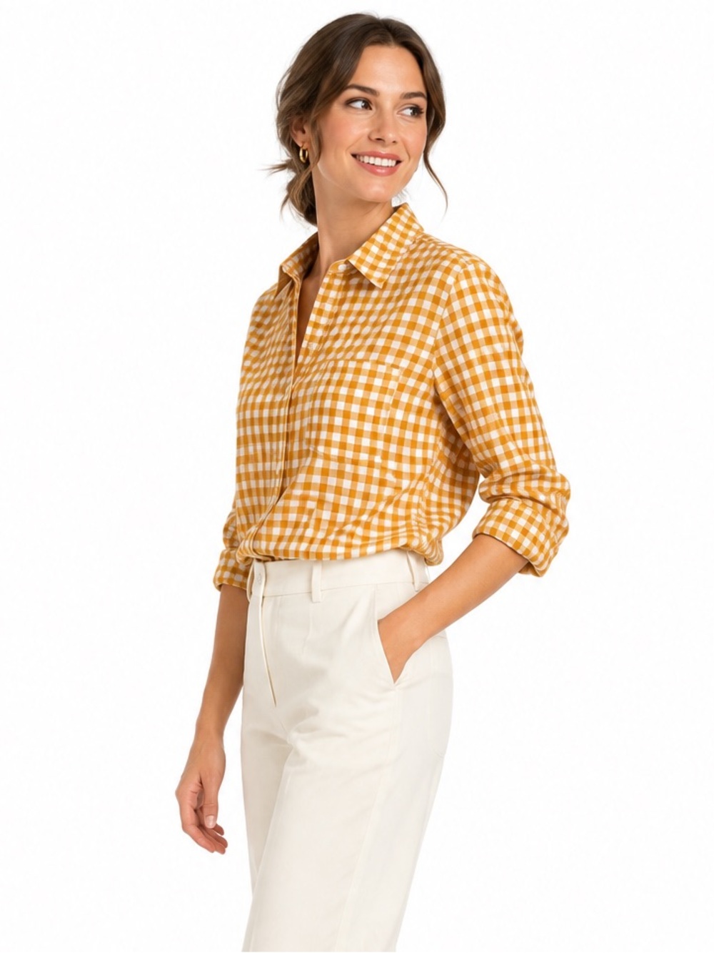Banana Republic soft wash mustard gingham pattern long sleeve button shirt M